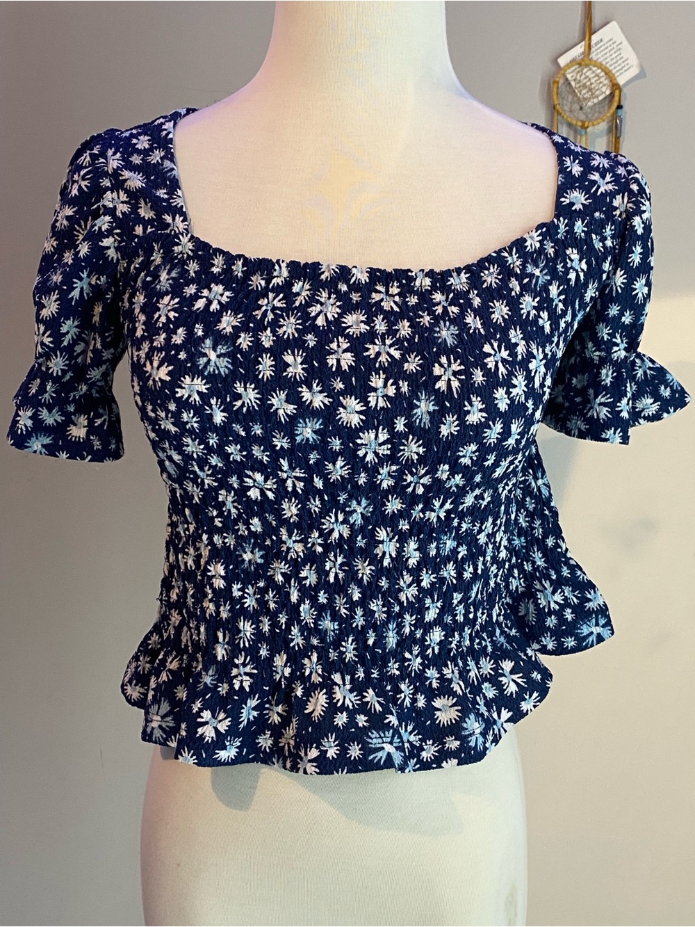 Navy Blue Floral Smocked Peplum Blouse
